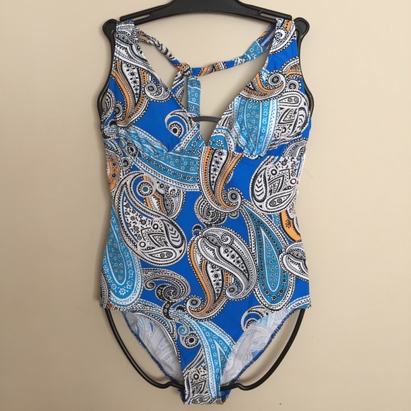 One Piece Swimsuit Halter Blue Paisley Sz 10 - Picture 5 of 8